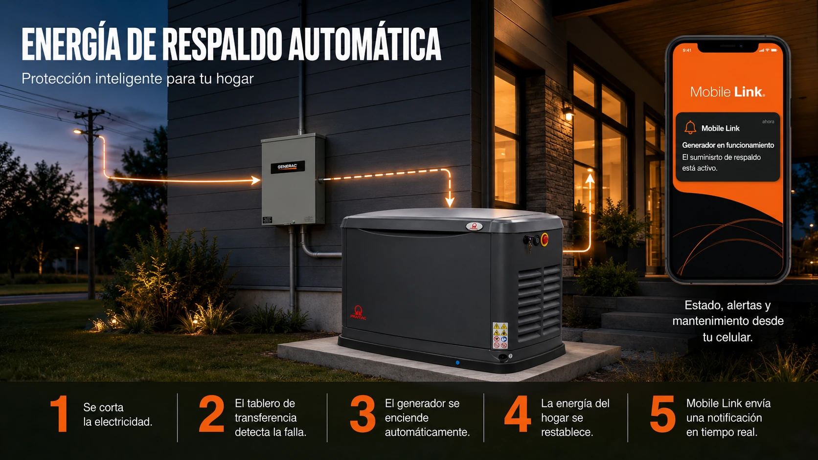 Energía de respaldo automática: se corta la electricidad, el tablero de
           transferencia detecta la falla, el generador se enciende
           automáticamente, la energía del hogar se restablece y Mobile Link
           envía una notificación en tiempo real.